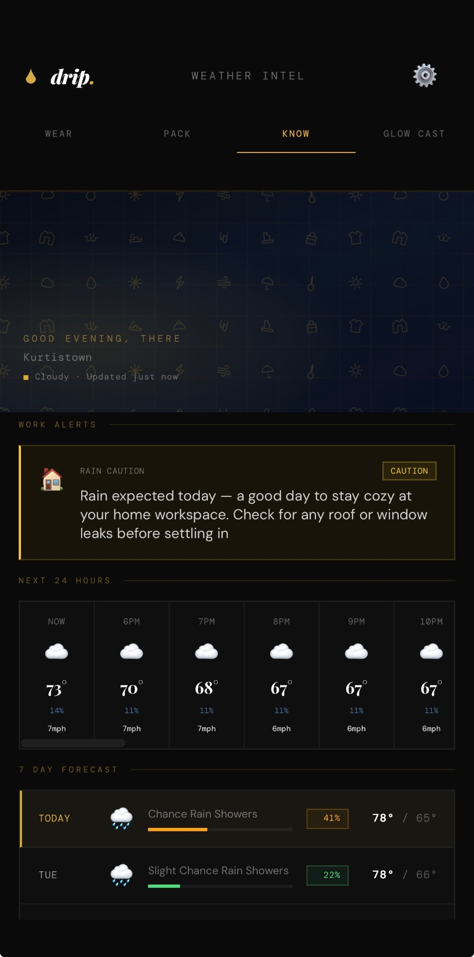 Drip Know tab — weather intel and alerts