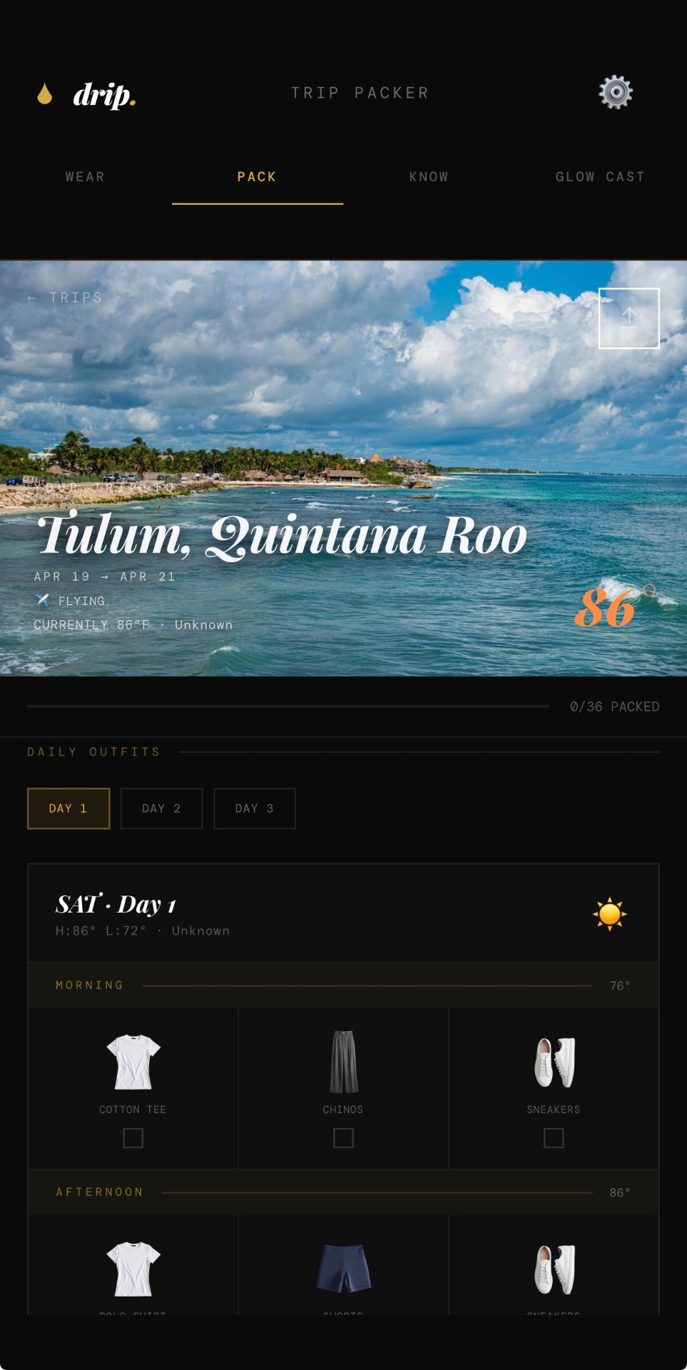 Drip Pack tab — trip packing list for Tulum